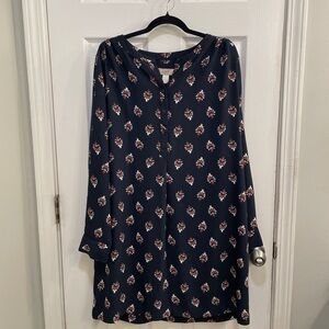 LOFT Long Sleeve Button Down Dress in Navy Paisley Cotton Pattern, Size L